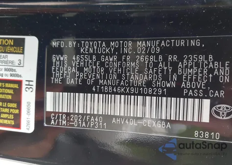 2009 Toyota Camry Hybrid z USA, uszkodzony, nr VIN 4T1BB46KX9U108291